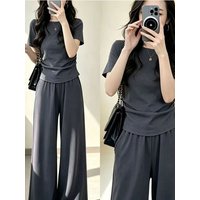 Korean Style Casual Fashion Sportswear Slimming Short Sleeve Wide Leg Pants Summer Trendy Two Piece Set Breathable Comfortable