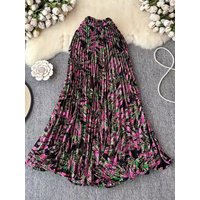 Chiffon Pleated Flower Print Skirts Women Fashion Vintage Color A-line Skirt Female All-match Commuting Clothing Spring Summer