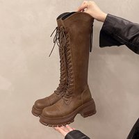 Lace-up Front Block Heel Single Boots Autumn New Round Toe Suede Platform Anti-Slip Wear-Resistant Tall Boots