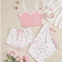 Three Piece Pajamas Set Women's Heart-Shaped Printed Vest Shorts and Pants Paired with Ribbed Fabric for Home Casual Sleepwear
