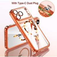 For Magsafe Metallic Color Plating Transparent Phone Case For iPhone 15 16 17 Pro Max Lens Protector Cover With Type-C Dust Plug