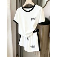 Trendy Sweet-Cool Style Two-Piece Set, Handwritten Theme Print Short-Sleeve and Shorts Set, Loose Fit Sweatshirt and Shorts for Women, Sweet-Cool Style Round Neck Patchwork Shorts + Short-Sleeve
