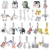 925 Sterling Silver Music Charms Beads Musical note Piano Guitar Headset Earrings Pendants Fit Bracelet DIY Fine Jewelry Gift