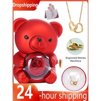 Mini Delicate Heart Engraved Necklace Lovely Bear Jewelry Boxes Valentine's Day Mother Day Birthday Gift Paper Bag Set