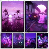 Neon Night City Landscape 80s Retro Cyberpunk Car Posters for Room Aesthetic Painting Canvas Print Home Art Wall Decor