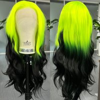 Long Wavy Natural Body Wave Neon Green Ombre Synthetic Hair Free Part 13X4 Green Black Highlight Gradient Colored Wigs for Women