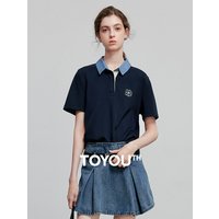TOYOUTH women's Embroidery Polo Shirt 2025 Summer New Pique Denim Collar Contrast Color Casual Daily Tops