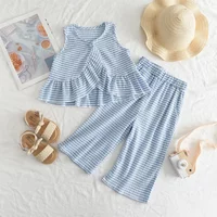 New Summer 3-7 Years Fashion Girls Daily Casual Stripe Outfit Sleeveless Single Button Top+Pants 2-piece Set Childrens Clothing