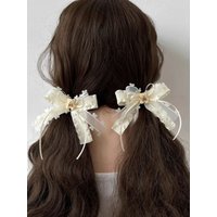 2PCS Cute Cream Multi-Layer Ribbon Hair Clips Bangs and Seaside Clips Hair Rope Double Ponytail Headwear
