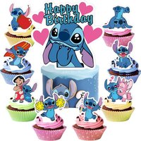 Stitch Cake Topper Set, Stitch Happy Birthday Cake Decoration with Cupcake Toppers,Stitch Themed Party Supplies for Birthday