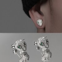 925 Silver Delicate Full Zircon Leopard Head With Green Eyes Stud Earrings Micro Paved CZ Stone Classic Animal Earring Jewelry