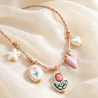 Ceramic Heart Rose Flower Multi-Pendant Necklace for Women Colorful Braided Rope Chain Summer Vacation Party Handmade Jewelry
