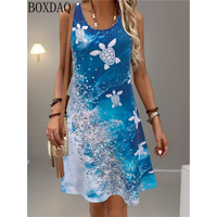 Women's new summer round neck sleeveless beach dress with fashionable and fresh ocean theme print loose A-line dress S-3XL