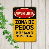 Funny 20x30cm Retro Iron Decor, Bold Yellow Red Design, Easy Install Metal Wall Art, Fart Zone Warning Sign in Spanish