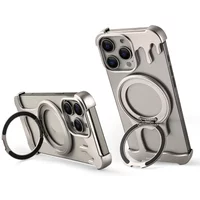 Eary Frameless Metal Bumper Case for iPhone 16/15/14/13 Pro Max for MagSafe 360°Rotatable Magnetic Kickstand Shockproof Cover