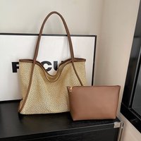 Women Summer Straw Woven Tote Bag with Small Pouch PU Trim Large Capacity Shoulder Handbags, Casual Beach Shopping Handbag Purse