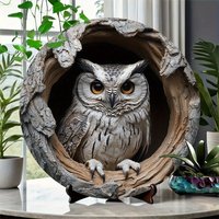 1PC Round Modern Owl Flat Wooden Disc 2D Hanging Design Porch Cafe Restaurant Garage Unique Home Decoration Outdoor Wall Artwork
