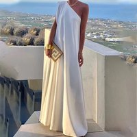 Elegant Diagonal Collar Single Shoulder Long Dress Sleeveless Loose A-line Party Casual Summer Dress Fashion Evening Dress Robe