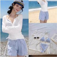 Korean Girl Bikini Four Piece Long Sleeved Top Ins Pure Desire Vacation Hot Spring Swimsuit Women's Small Chest Slimming