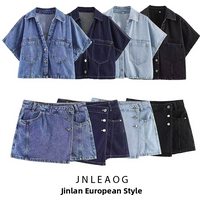JNLEAOG Summer New Women's Fashion Short Denim Shirt Skirt Pants Set Polyester Fiber Short Sleeve Regular Length Shirt