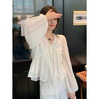 Elegant V-Neck Lace Chiffon Top Women's Fashion Korean Style Long Sleeve Spring Summer New Style Slimming Fairy Atmosphere Shirt