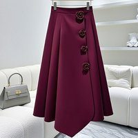 2024 New Temperament Red A-line Skirt High Waist Women Clothing Elegant Irregular Solid Color Long Dress Autumn Korean Skirts