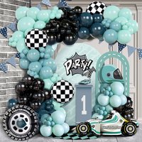 102pcs blue and black racing theme party balloon garland set, with racing shape balloons and tire black and white foil foil ball