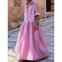 Fdey 2024 New Spring Autumn Long Sleeve Loose Button Casual Maxi Dresses Woman Korean Fashion Plaid Pleated Lapel Shirts Dress
