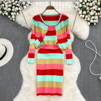 2026 New Office Lady Striped Two Piece Set Spring New Fashion Sweet Slim Chic Outfits Knitted Coats Cami Dresses