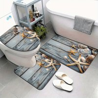 VIKAMA 3-Piece Marine Series Bathroom Mat Set, Water-Absorbing And Anti-Slip Toilet U-Shaped Foot Mats, Home Decoration