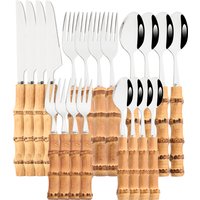Drmfiy-Ensemble de couverts en acier inoxydable avec manche en bambou naturel, vaisselle argentée, couteau de cuisine, fourchette, cuillères, 20 pièces