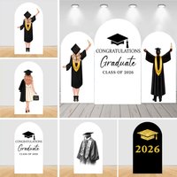 Graduation Arch Backdrop Cover 2026 Black Gold Girl Boy Congrats Grad Graduate Prom Party Arched Photography Background Decor