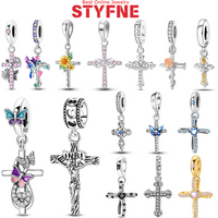 Silver-Plated Cross Pink Crystals Rose Charm Beads Fit Original Bracelet Bag Keychain Charm Beads Pendant Diy Women Jewelry Gift