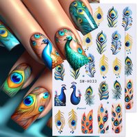 2pcs Peacock Design Nail Art Stickers 3D Blue Green Feathers Simple Elegant Adhesive Slider DIY Manicure Decoration Nail Decals