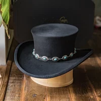 2025 Trendy Fashion Flat Top Wool Felt Hat, Solid Color with Ribbon Trim, 100% Wool Unisex