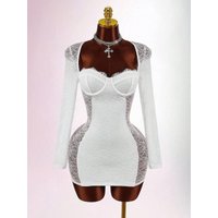 Women Sweetheart Neck Contrast Lace Long Sleeve Dress, Backless Sexy Bodycon Mini Dress, Sheer Mesh White Clubwear Cocktail Gown