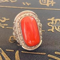 Tibetan & Mongolian Ethnic Imitation Coral Adjustable Open Ring, Retro Faux Gem Finger Jewelry for Men Women