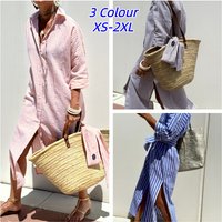 Vintage Striped Print Shirt Dresses for Women Casual Turn Down Collar Bandage Long Loose Dresses 2026 New Trendy Graceful Robe
