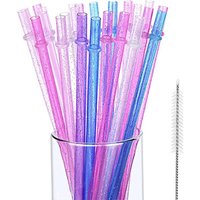20 Pcs Reusable Plastic Straws Glitter Drinking Straws Clear Sparkle Straw with Cleaning Brush 9 Inches for Tumbler Bar Party