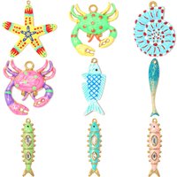3pcs/Lot Stainless Steel Rainbow Enamel Crab DIY Charms Rhinestone Fish Starfish Necklace Pendant Women Conch Jewelry Wholesale