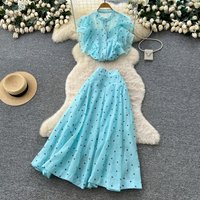 Two Pieces Women Dress Set Heart Print Matching Sets Ruffled Top High Waist Ankle Lenth Skirt Loose Elegant Casual 2026 Summer