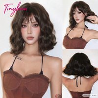 Chocolate Brown Short Wavy Synthetic Wig with Full Bangs for Women Heat Resistant Natural Look Hair for Daily Party Cosplay Use