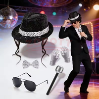 Men 80s Disco Costume Michael Jackson Style Sequin Fedora Hat Suspenders Gloves Retro Party Accessories Kit
