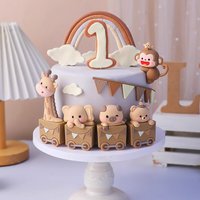 Brown Critter Train Cake Topper Monkey, Giraffe, Bear, Piglet, Elephant By Train Cake Decorations for Birthday Party Supplies