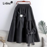 Spring Office's Lady Commuting Versatile Solid Color Patchwork Medium Length Swing Skirt Bow Decorated High Waist A-line Skirts