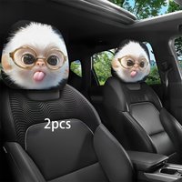 2Pcs 2D Print White Monkey Headrest Covers, Gold Glasses Tongue-out Design, Fashion Car Interior Decoration