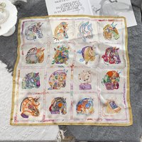 4x4 Grid Art Horse Head Print Satin Square Scarf Gold Navy Two Border Options Neck Scarf Hair Band Bag Decor Women Accessory