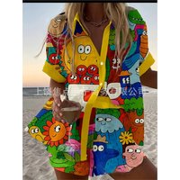 Fashion Single-breasted Lapel Short-sleeved Shirt Top + Shorts 2-piece Set For Women Elegant Printing Loose Shorts Suit Female