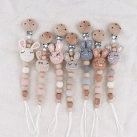 Handmade Crochet Baby Pacifier Clip Cartoon Animal Knitted Beads Soother Chain Anti-drop Newborn Dummy Holder Nipple Clips