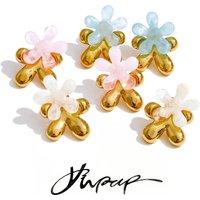 Yhpup Trendy Style Resin Acrylic Flower Sweet Stud Earrings 18K Golden Plated Stainless Steel Daily Jewelry Pink Blue White